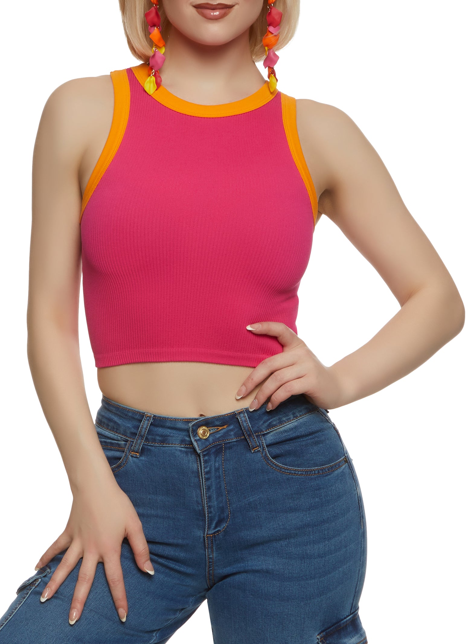 Womens Ringer Cropped Tank Top, Pink, Size M