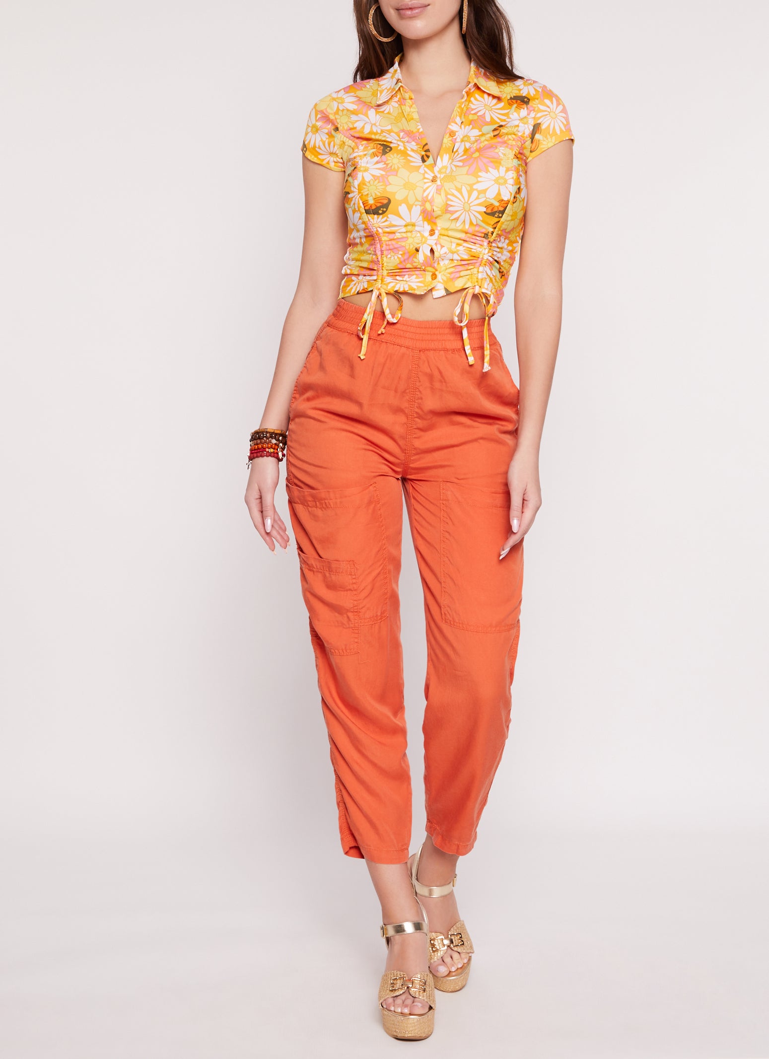 Womens Almost Famous Psychedelic Print Ruched Shirt, Orange, Size S