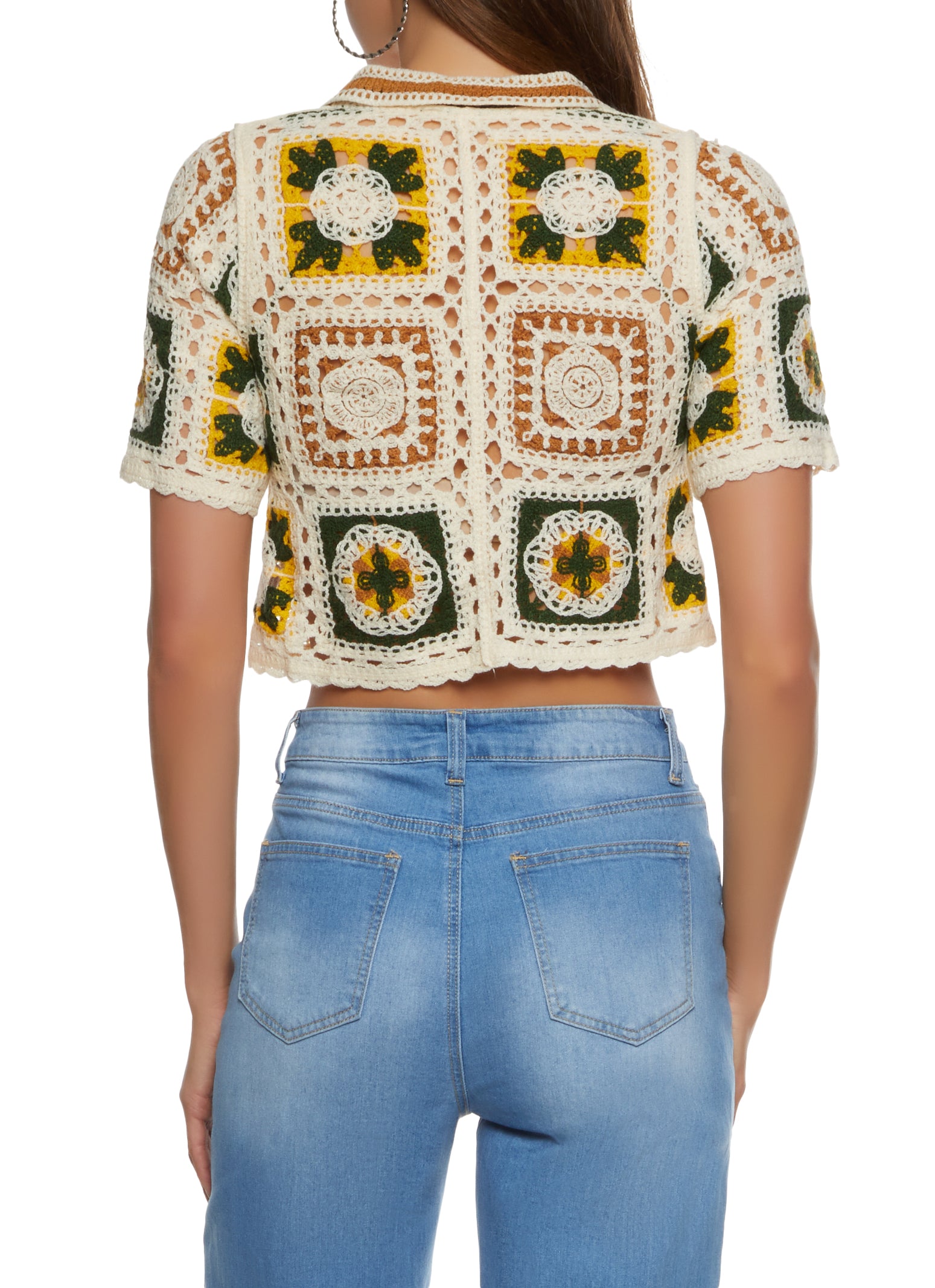 Womens Patterned Crochet Cropped Button Front Shirt, Multi, Size L