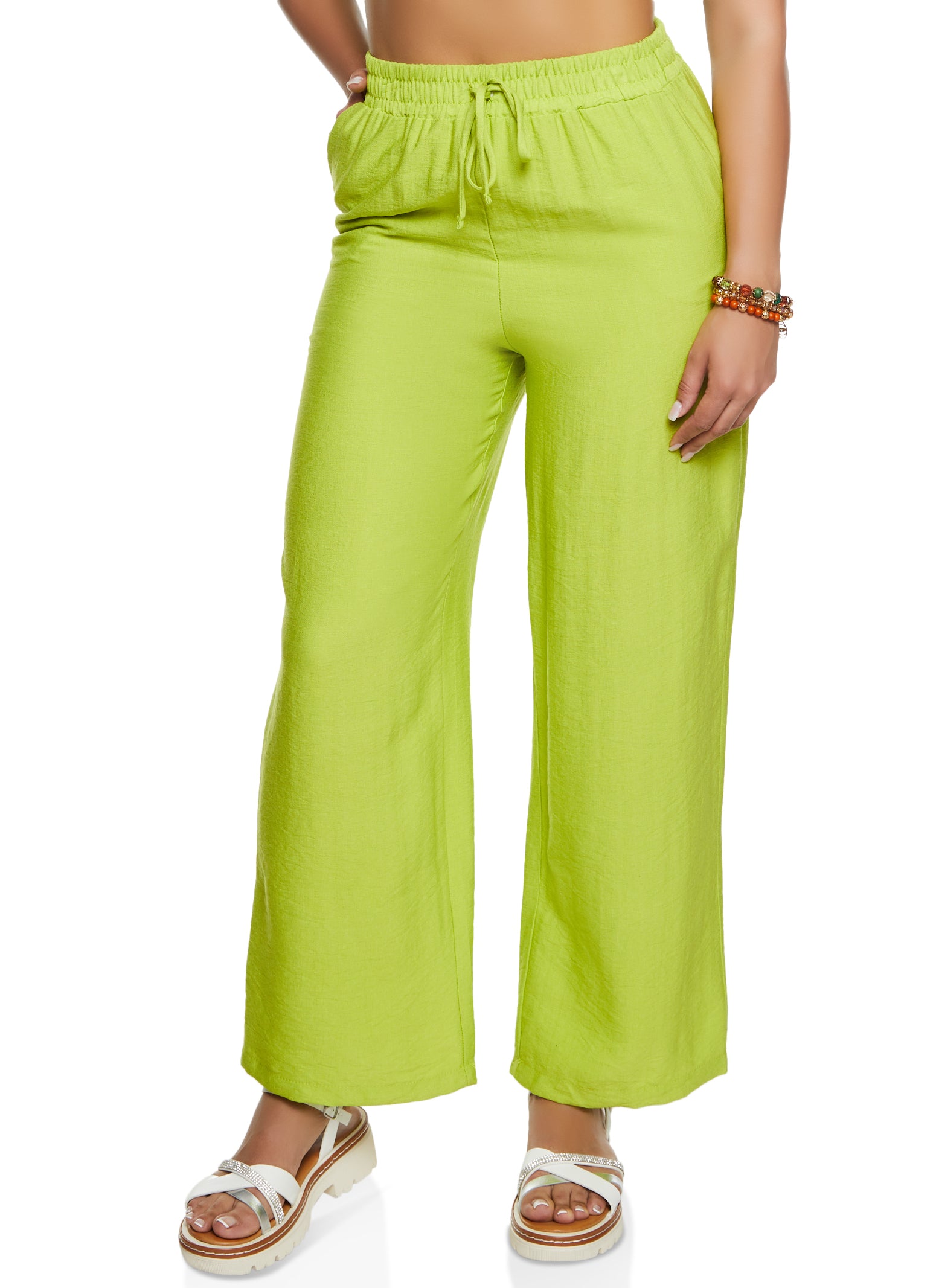 Womens Haute Monde Linen Faux Drawstring Wide Leg Pants, Green, Size M