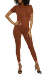 Womens Rib Knit Checkered Zip Front Jumpsuit, ,