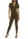 Womens Rib Knit Checkered Zip Front Jumpsuit, ,