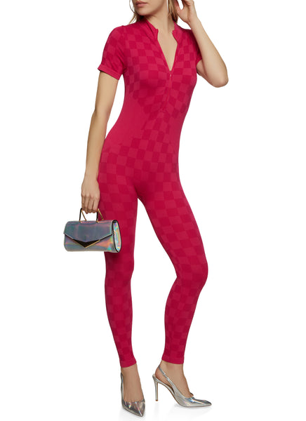 Knit Ribbed Front Zipper Short Sleeves Sleeves Mock Neck Checkered Print Jumpsuit
