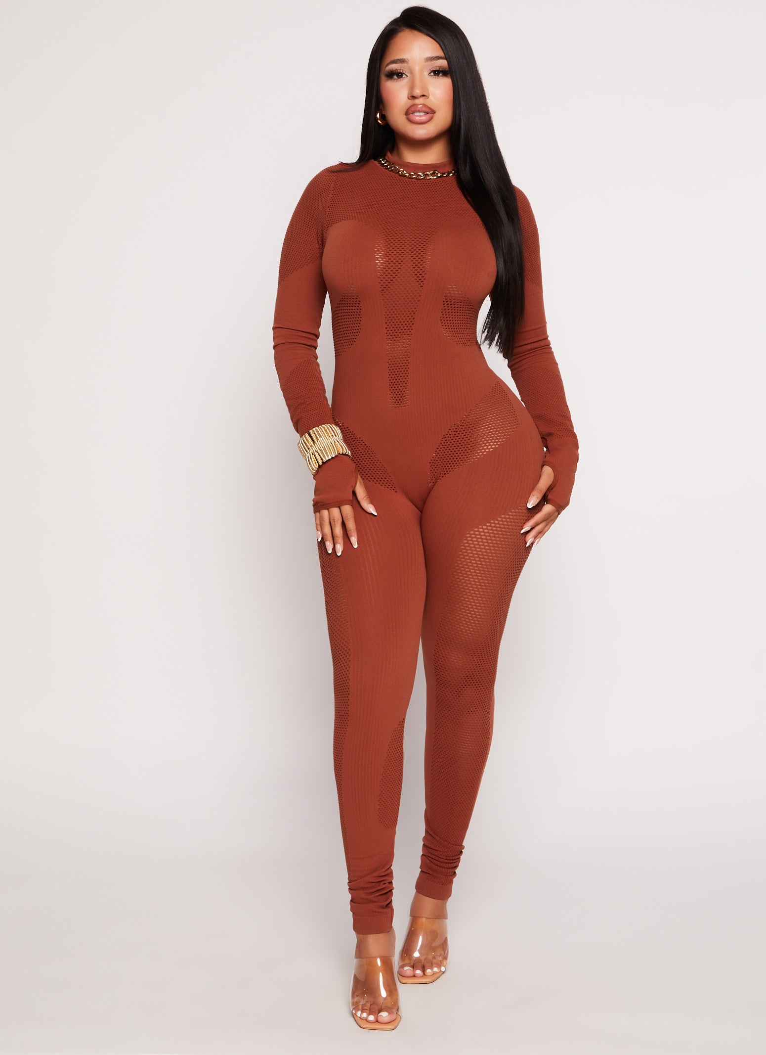 Womens Seamless Ribbed Fishnet Detail Long Sleeve Jumpsuit, Brown, Size S-M