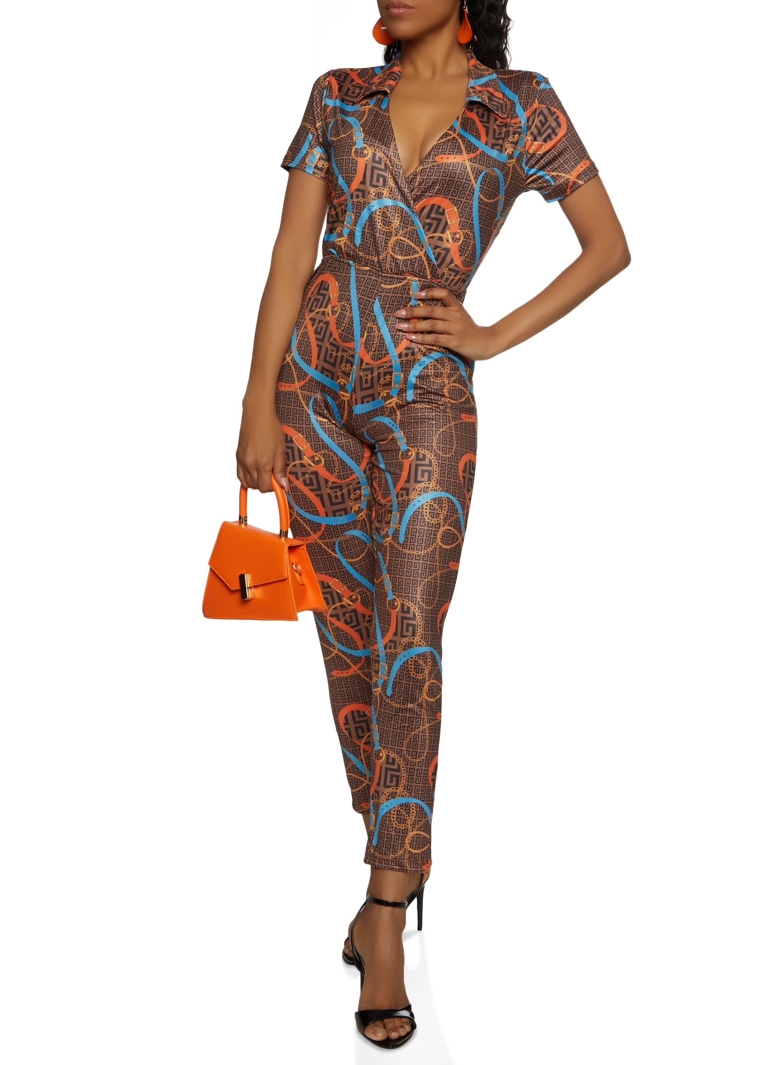 Womens Printed Short Sleeve Jumpsuit, Multi, Size S