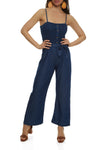 Denim Smocked Square Neck Button Front Belted Sleeveless Spaghetti Strap Tie Waist Waistline Jumpsuit