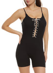 Womens Daisy Ribbed Knit Rhinestone Lace Up Cami Romper, ,