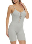 Sleeveless Spaghetti Strap Scoop Neck Knit Lace-Up Ribbed Romper With Rhinestones