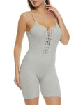 Scoop Neck Knit Lace-Up Ribbed Sleeveless Spaghetti Strap Romper With Rhinestones