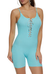 Knit Sleeveless Spaghetti Strap Ribbed Lace-Up Scoop Neck Romper With Rhinestones
