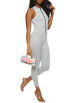 Womens Solid Mock Neck Zip Front Sleeveless Catsuit, ,