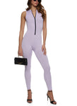 Womens Solid Mock Neck Zip Front Sleeveless Catsuit, ,