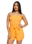 Strapless Belted Sleeveless Knit Tie Waist Waistline Smocked Romper