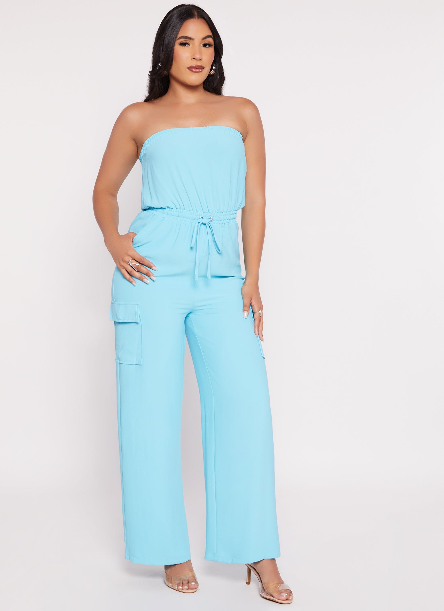 Womens Haute Monde Strapless Drawstring Cargo Pocket Jumpsuit, S