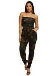 Strapless Sleeveless Ruched Camouflage Print Jumpsuit
