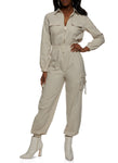 Collared Ruched Pocketed Long Sleeves Jumpsuit