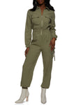 Ruched Pocketed Long Sleeves Collared Jumpsuit
