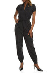 Short Sleeves Sleeves Pocketed Front Zipper Belted Collared Tie Waist Waistline Nylon Jumpsuit