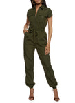 Nylon Collared Front Zipper Belted Pocketed Short Sleeves Sleeves Tie Waist Waistline Jumpsuit