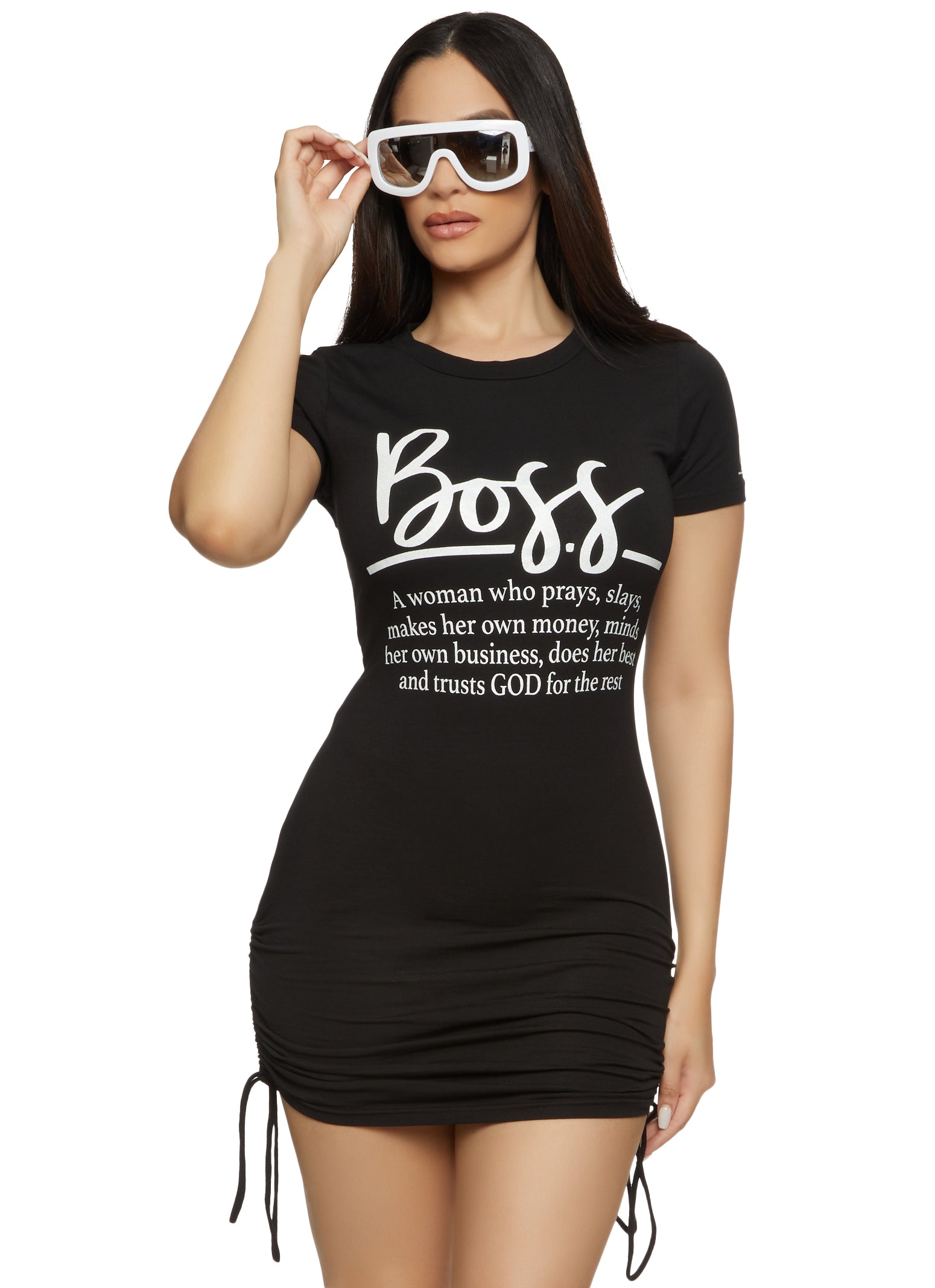 Womens Boss Ruched Glitter Graphic T Shirt Dress,