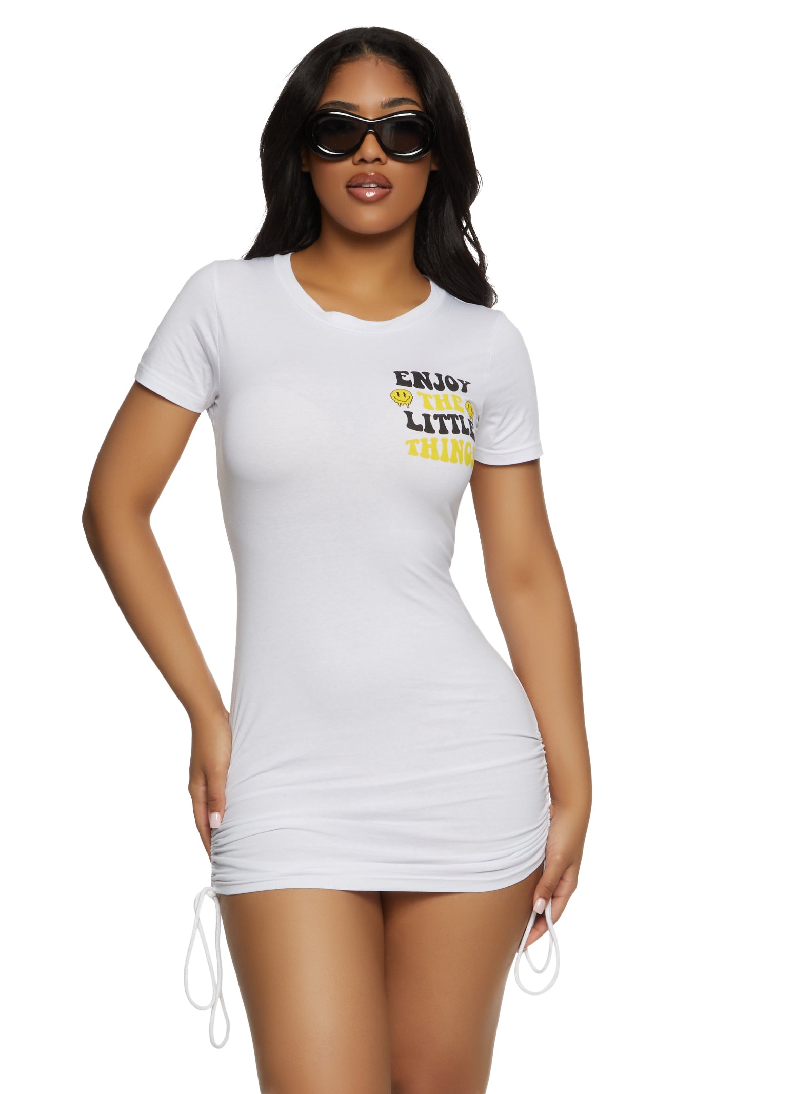 Womens Enjoy The Little Things Graphic T Shirt Mini Dress, White, Size S