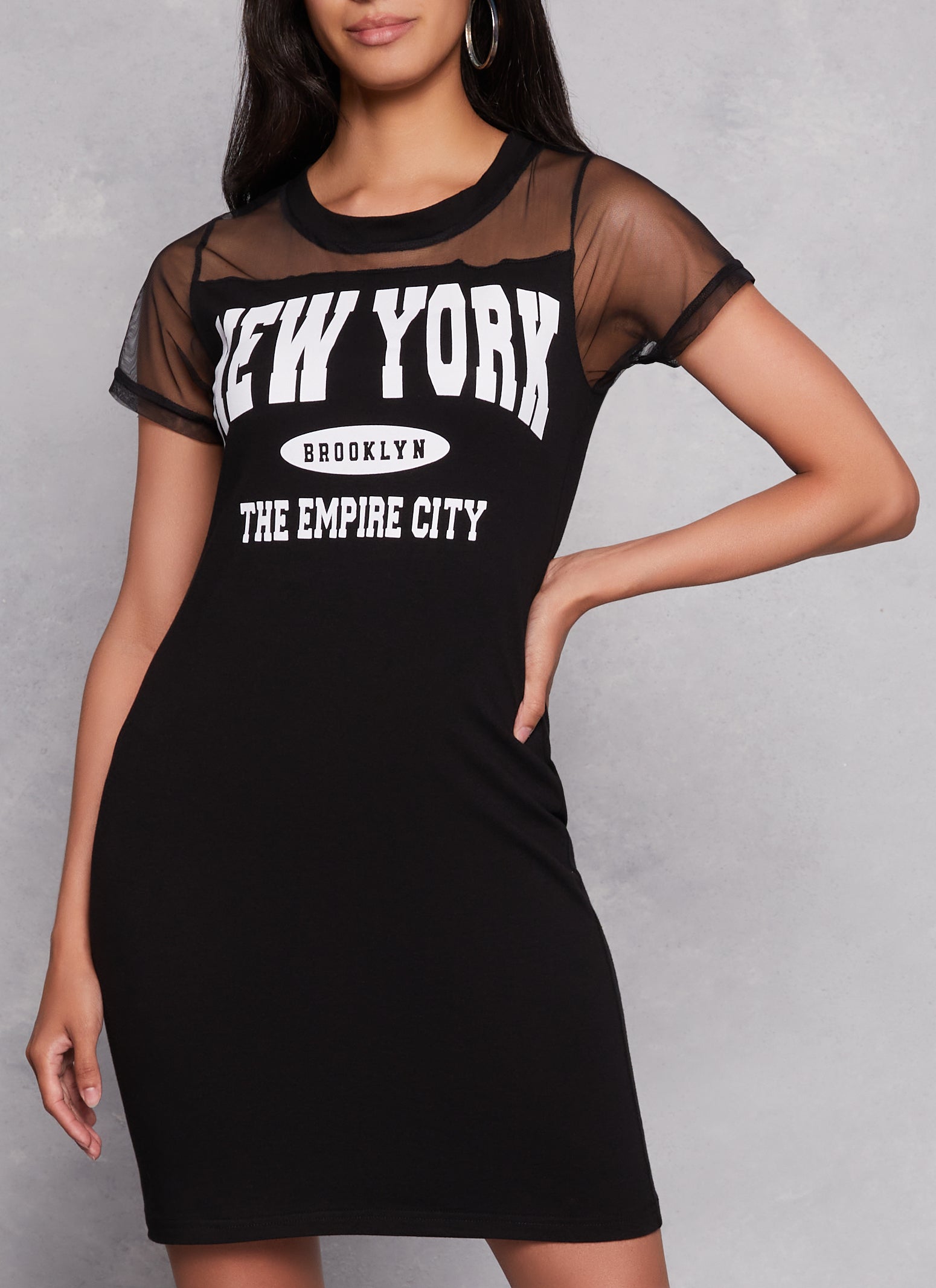 Womens New York Brooklyn Mesh Detail Graphic T Shirt Dress, Black,