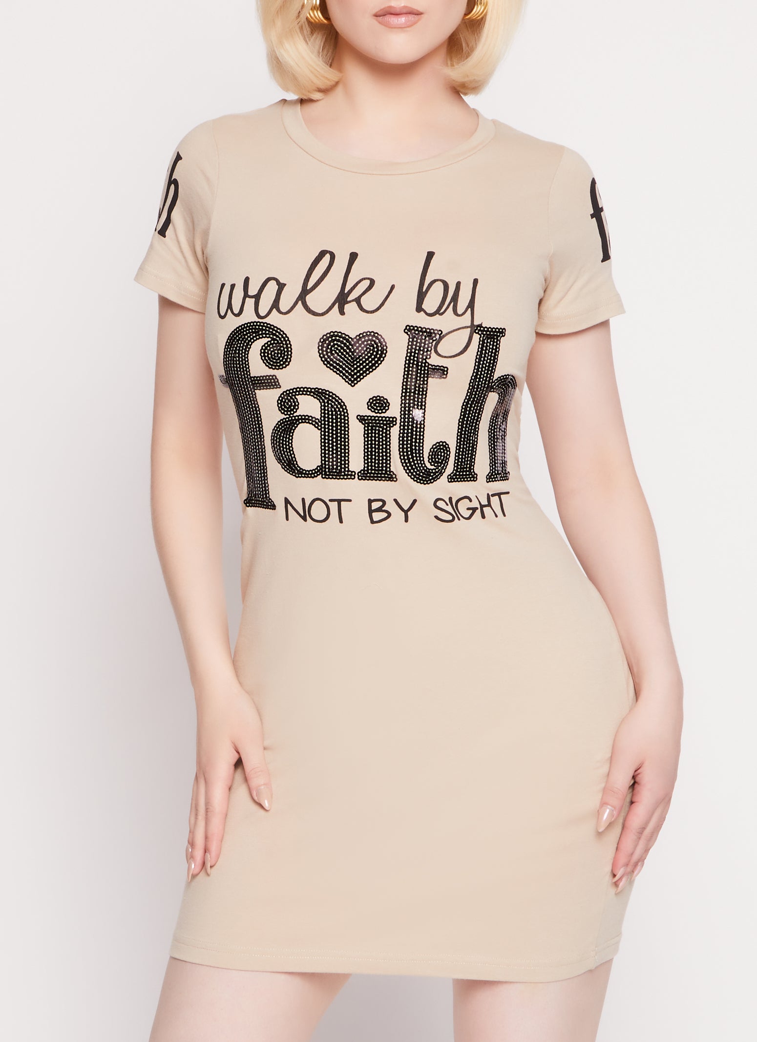 Womens Walk By Faith Not By Sight Sequin Crew Neck T Shirt Dress, Beige, Size S