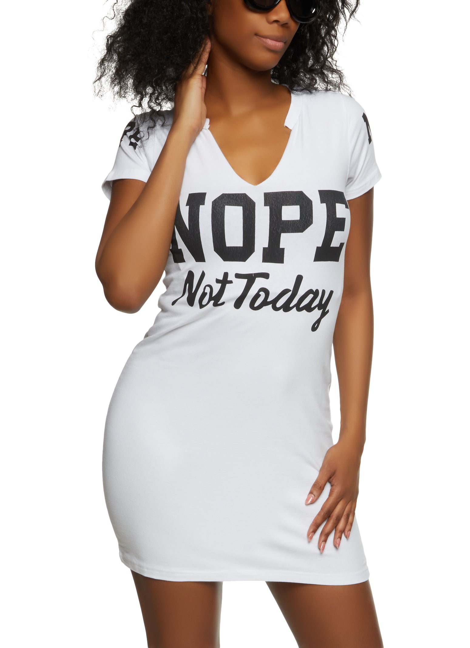 Womens Nope Not Today Notch Neck Graphic T Shirt Dress, White, Size S