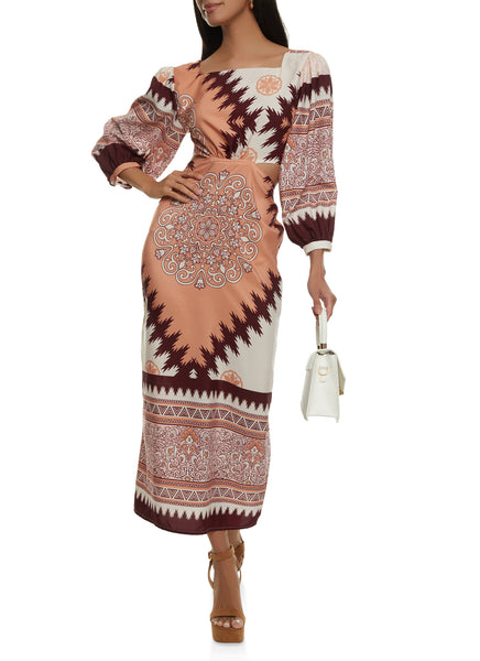 Puff Sleeves Sleeves Square Neck General Print Maxi Dress