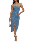 Strapless Slit Denim Tube Sleeveless Bodycon Dress/Midi Dress