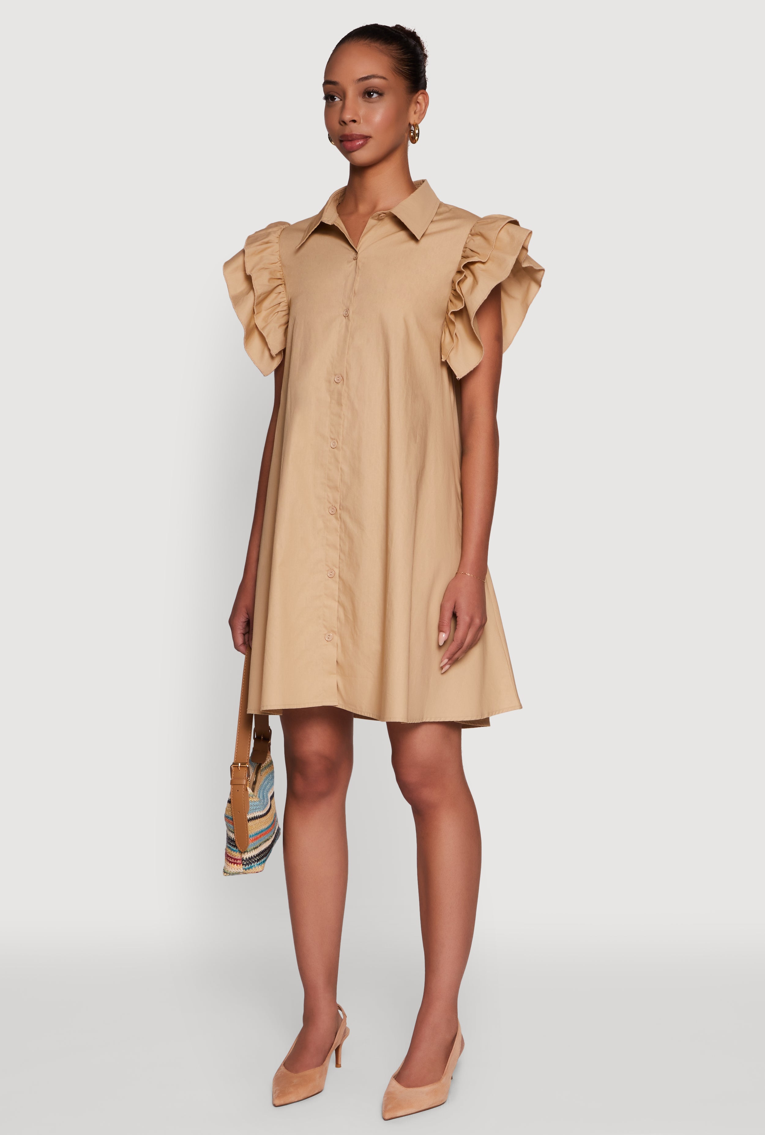 Womens Poplin Button Front Flutter Sleeve Dress, Beige, Size M