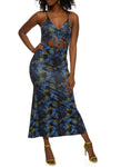 V-neck Sleeveless Spaghetti Strap Floral Print Ruched Cutout Maxi Dress