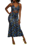 V-neck Sleeveless Spaghetti Strap Ruched Cutout Floral Print Maxi Dress