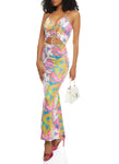 V-neck Cutout Ruched Sleeveless Spaghetti Strap General Print Maxi Dress