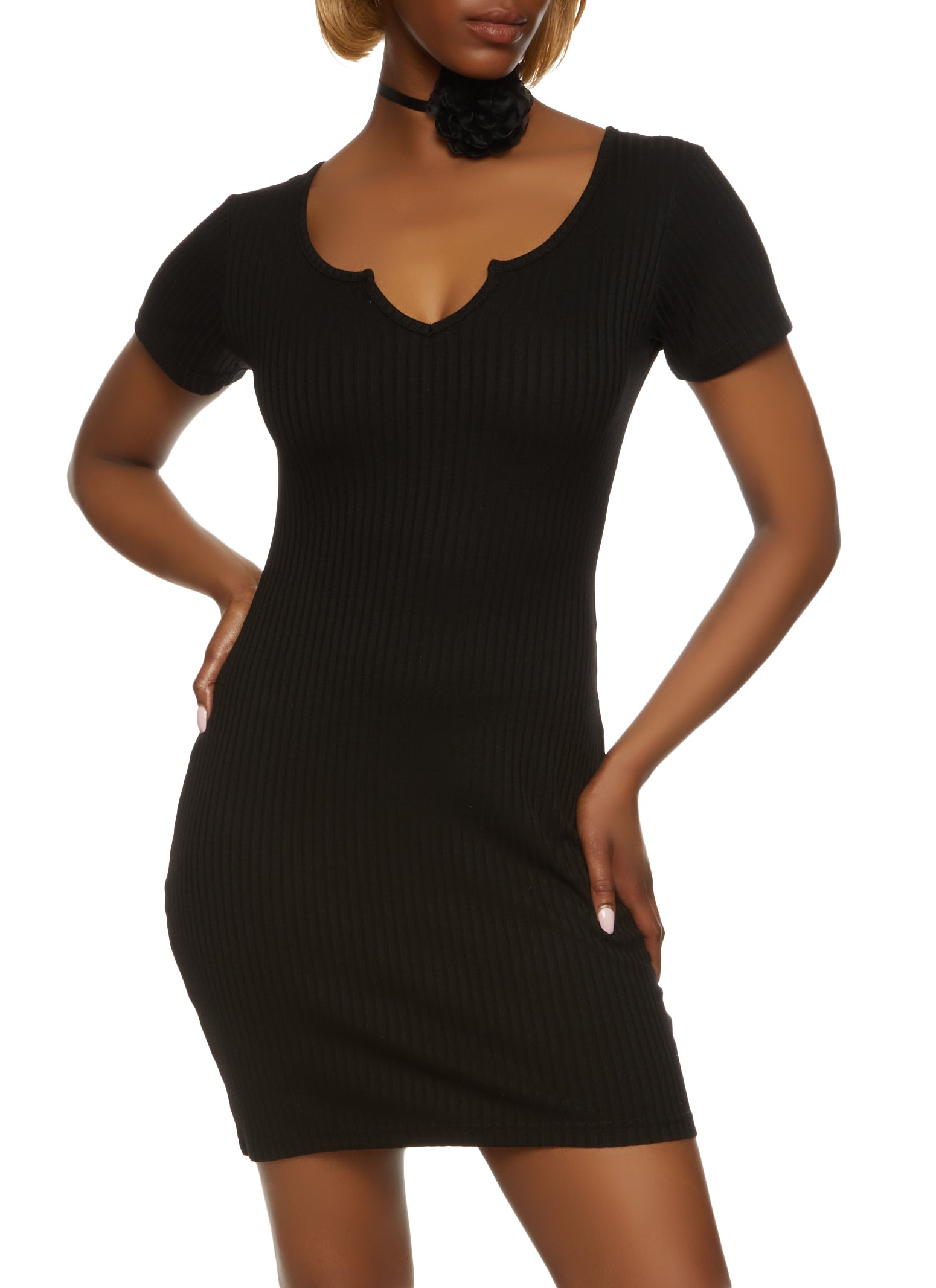 Womens Ribbed Notch Neck T Shirt Dress, Black, Size M