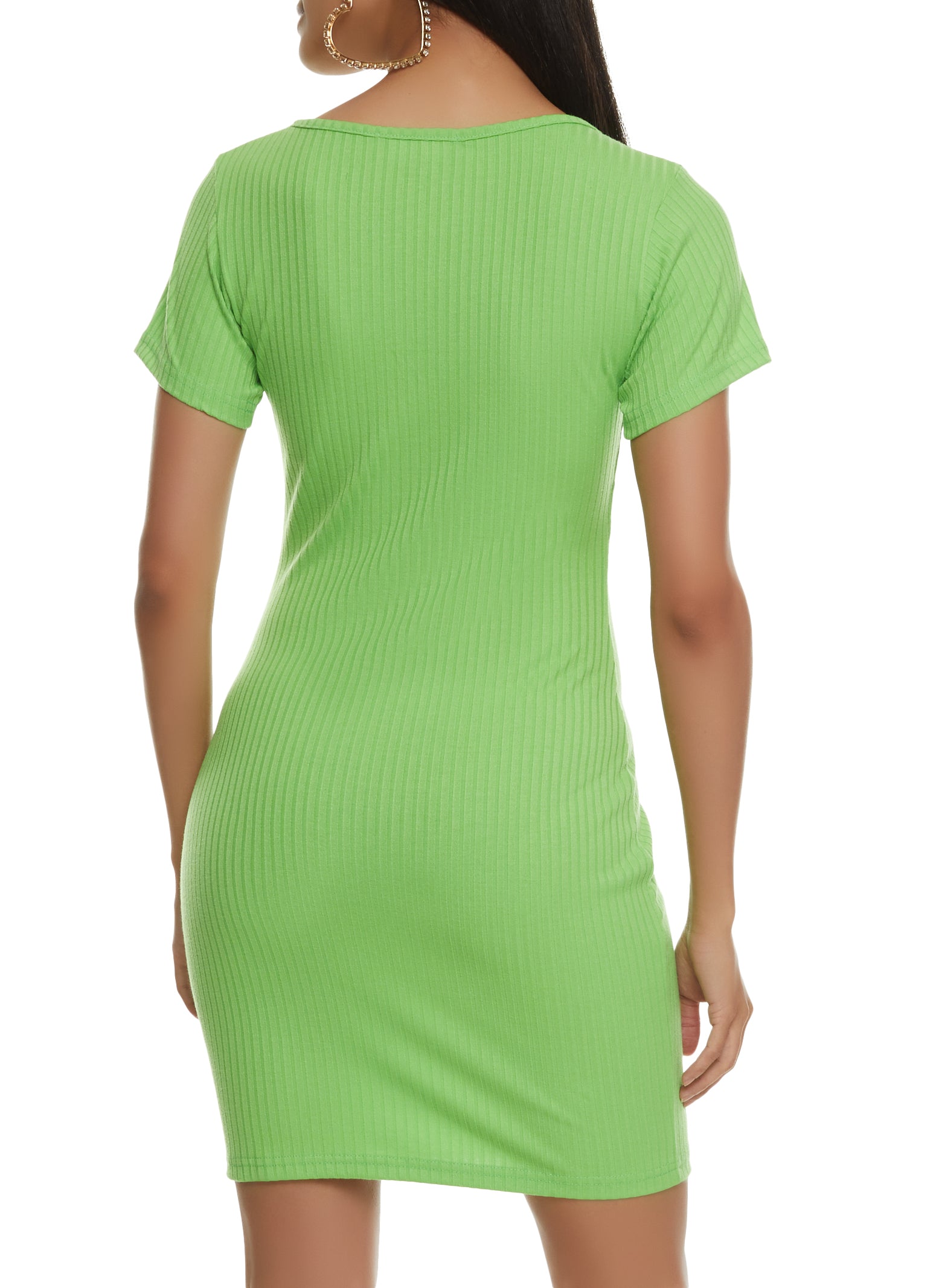 Womens Ribbed Notch Neck T Shirt Dress, Green, Size S