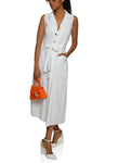 Collared Tie Waist Waistline Sleeveless Belted Button Front Linen Shirt Dress