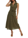 Linen Belted Button Front Tie Waist Waistline Sleeveless Collared Shirt Dress