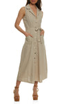 Button Front Belted Linen Collared Sleeveless Tie Waist Waistline Shirt Dress