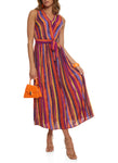 V-neck Sleeveless Striped Print Tie Waist Waistline Faux Wrap Belted Maxi Dress