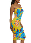 Strapless Floral Print Tube Sleeveless Bodycon Dress/Midi Dress