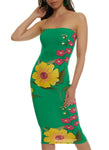 Strapless Floral Tropical Print Sleeveless Tube Bodycon Dress/Midi Dress