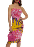 Strapless Sleeveless Tube Floral Tropical Print Bodycon Dress/Midi Dress