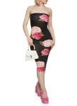 Strapless Sleeveless Floral Print Tube Midi Dress
