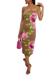 Strapless Sleeveless Floral Print Tube Midi Dress