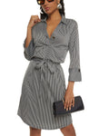 Belted Striped Print Collared Tie Waist Waistline Shirt Midi Dress