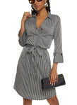 Striped Print Tie Waist Waistline Belted Collared Shirt Midi Dress