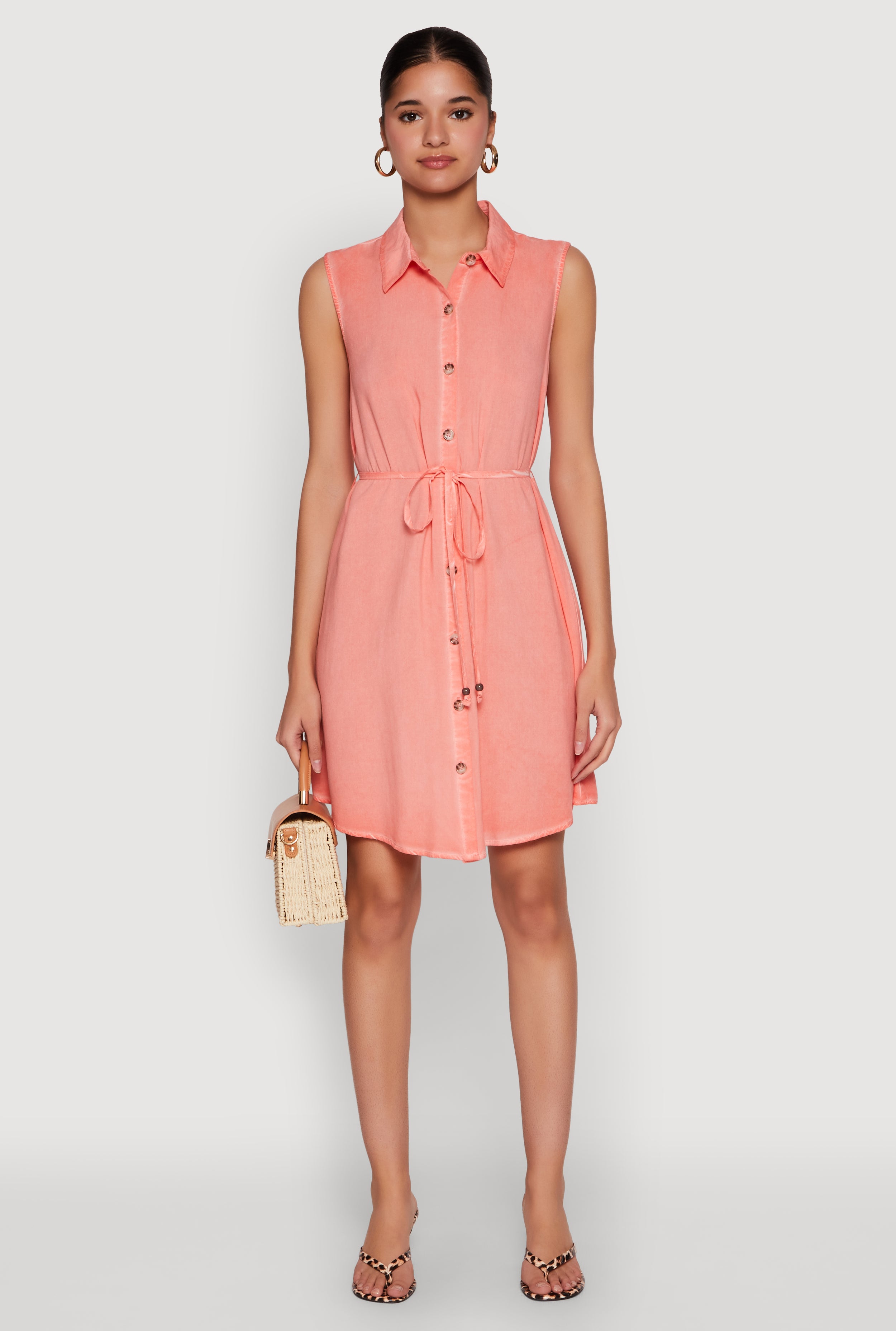 Womens Tie Waist Belted Sleeveless Shirt Dress, Orange,