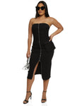 Strapless Denim Sleeveless Front Zipper Pocketed Bodycon Dress/Midi Dress