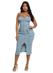 Strapless Sleeveless Front Zipper Pocketed Denim Bodycon Dress/Midi Dress